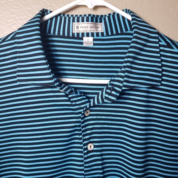 Peter Millar Striped 100% Cotton Turquoise/Black Golf Polo-Size L - Picture 2 of 5